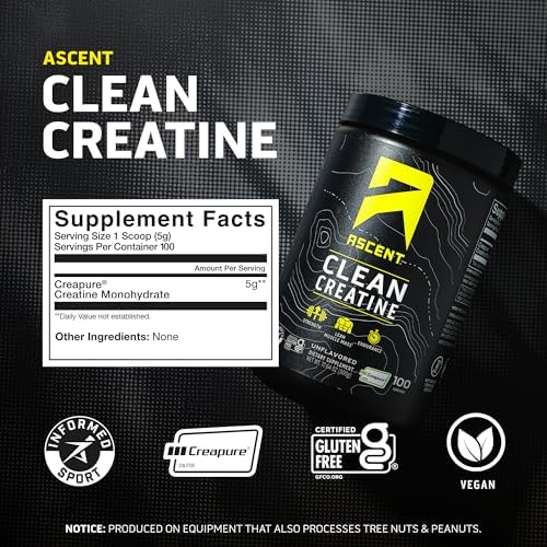 Ascent Monohidrato de creatina limpia, sin sabor, 200 porciones