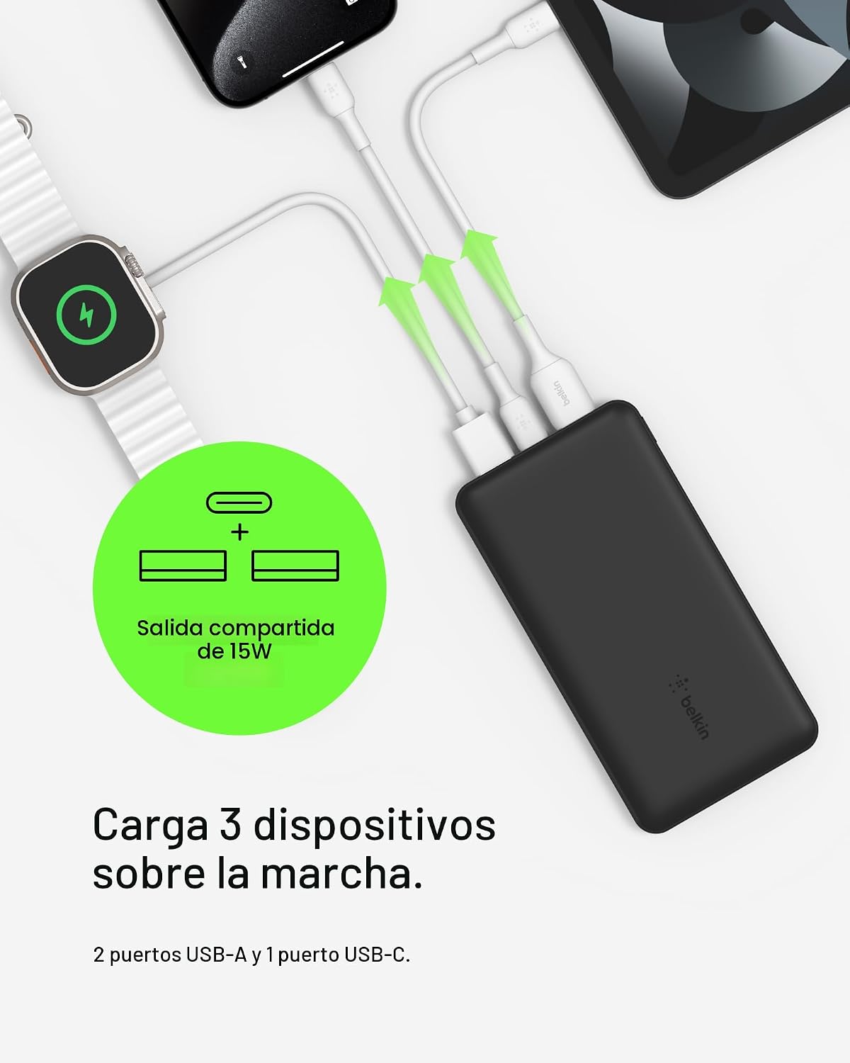 Power Bank Belkin de 10000 mAh, 15 W, 3 puertos, cable USB A a USB...