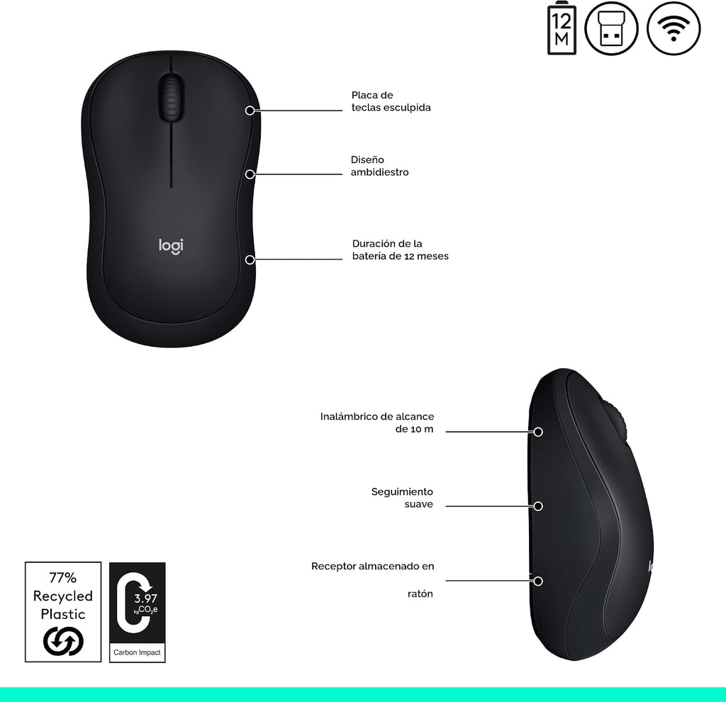 Logitech M185 Ratón Inalámbrico Ambidiestro Compacto con Empuñadura...