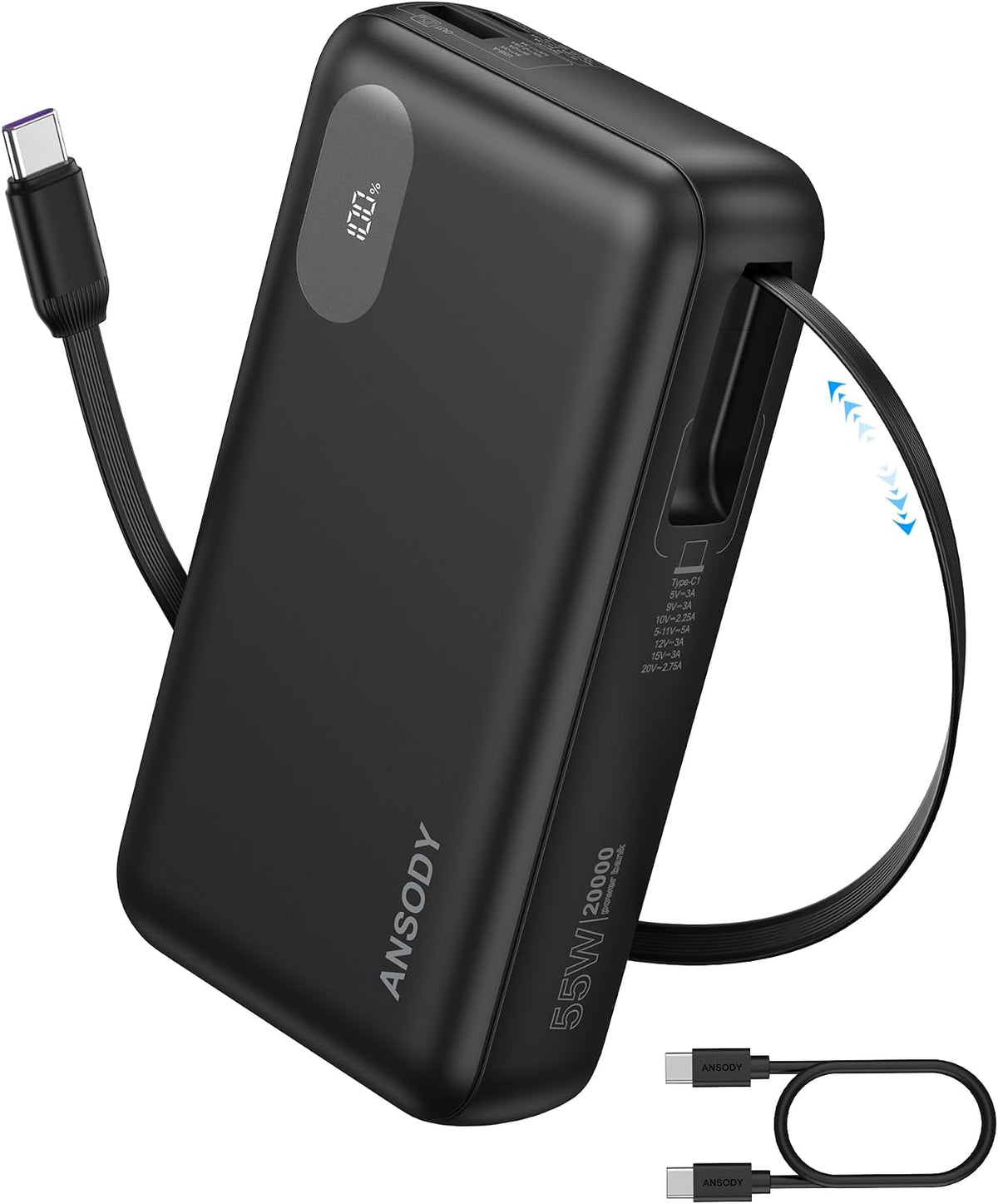 Cargador portátil de 55 W, cable retráctil de carga rápida de 20000...
