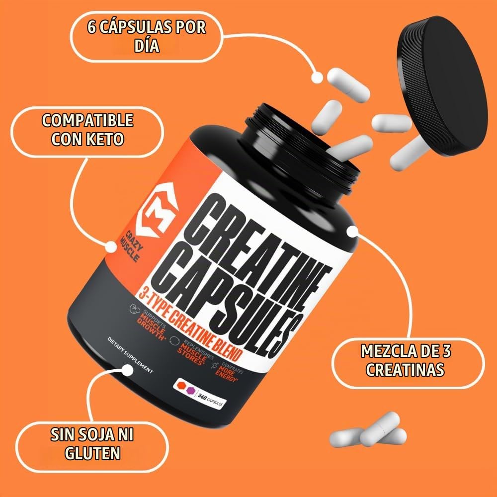 Crazy Muscle Cápsulas de Creatina, 5g de Ganador de Masa a Granel P...