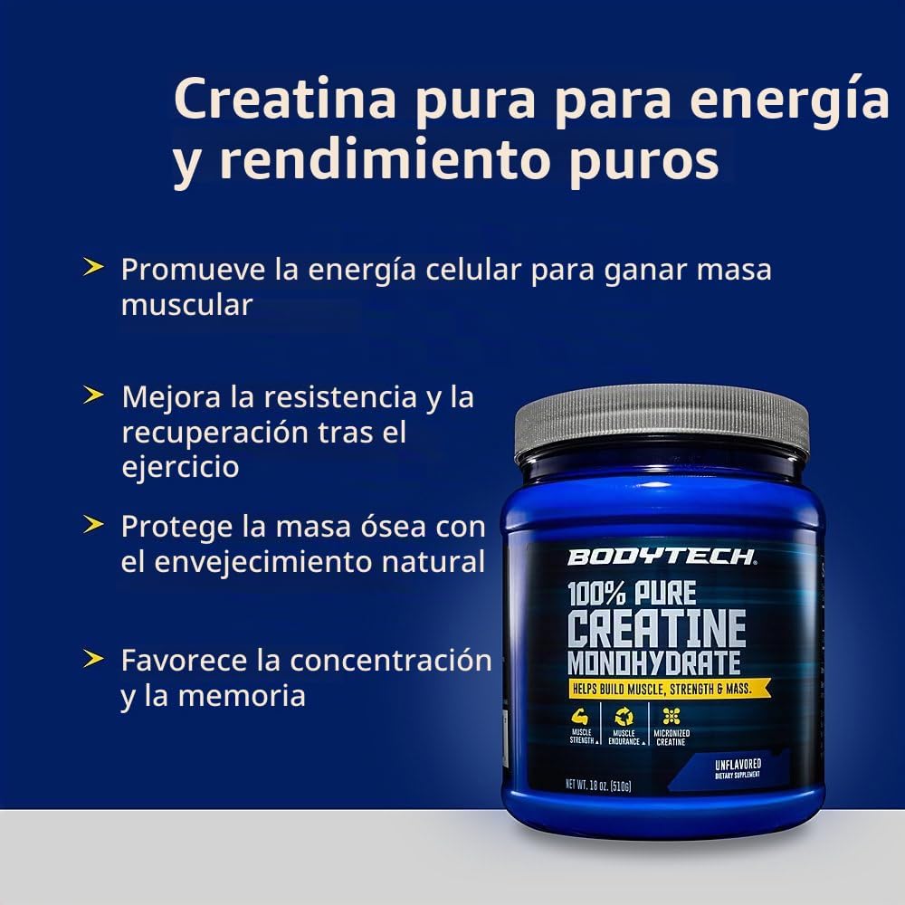 BodyTech monohidrato de creatina en polvo, sin sabor, 18 oz, 102 po...