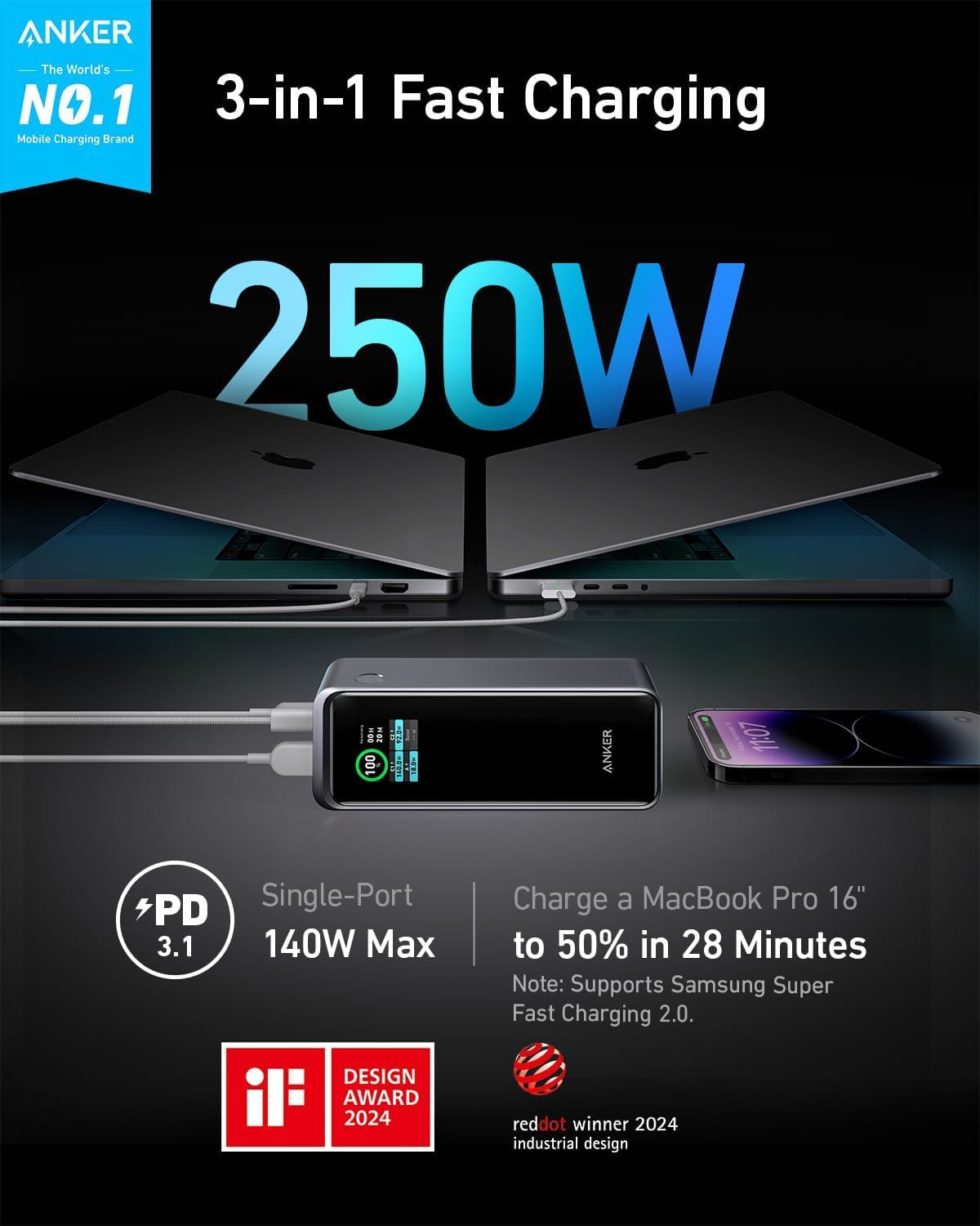Anker Prime Power Bank, 27,650mAh 250W, cargador portátil de 3 puer...