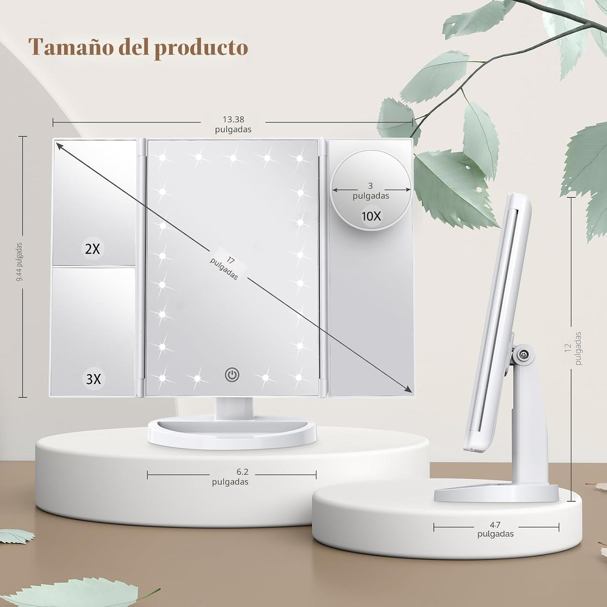 HUONUL Espejo de tocador con aumento 2X\/3X\/10X con luz, espejo de...