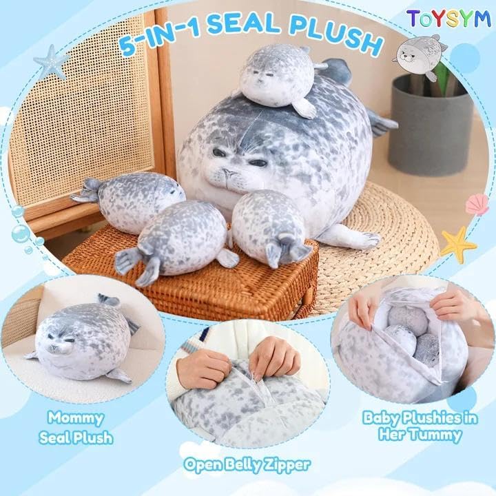 TOYSYM - Peluche de sello con 4 bebés, almohada de animales de pelu...