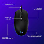 Logitech G203 Wired Gaming Mouse - Black | LIGHTSYNC RGB, memoria i...