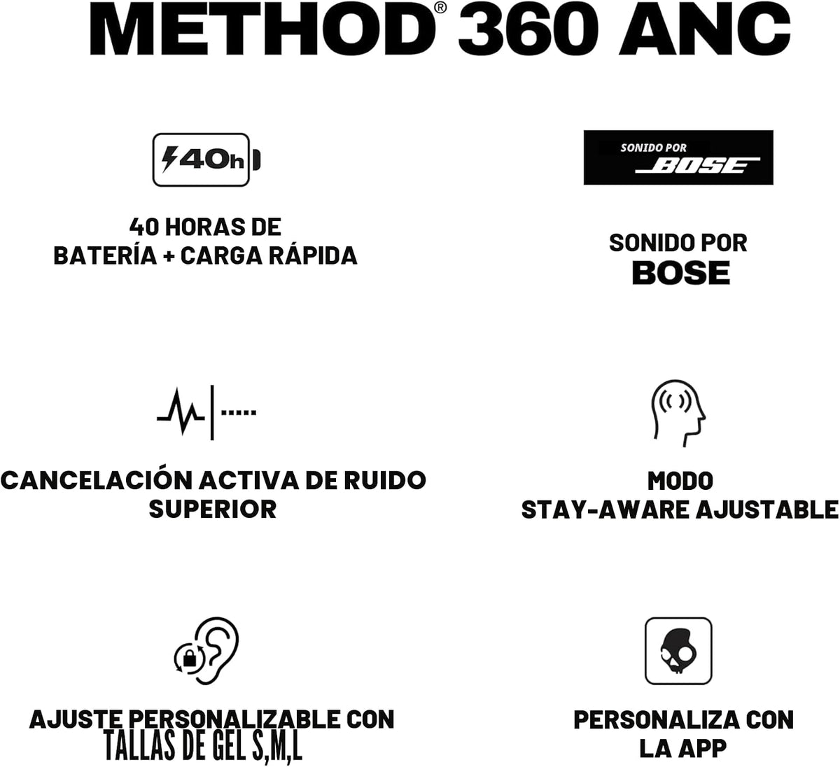 Skullcandy Method 360 ANC - Auriculares inalámbricos con sonido de...