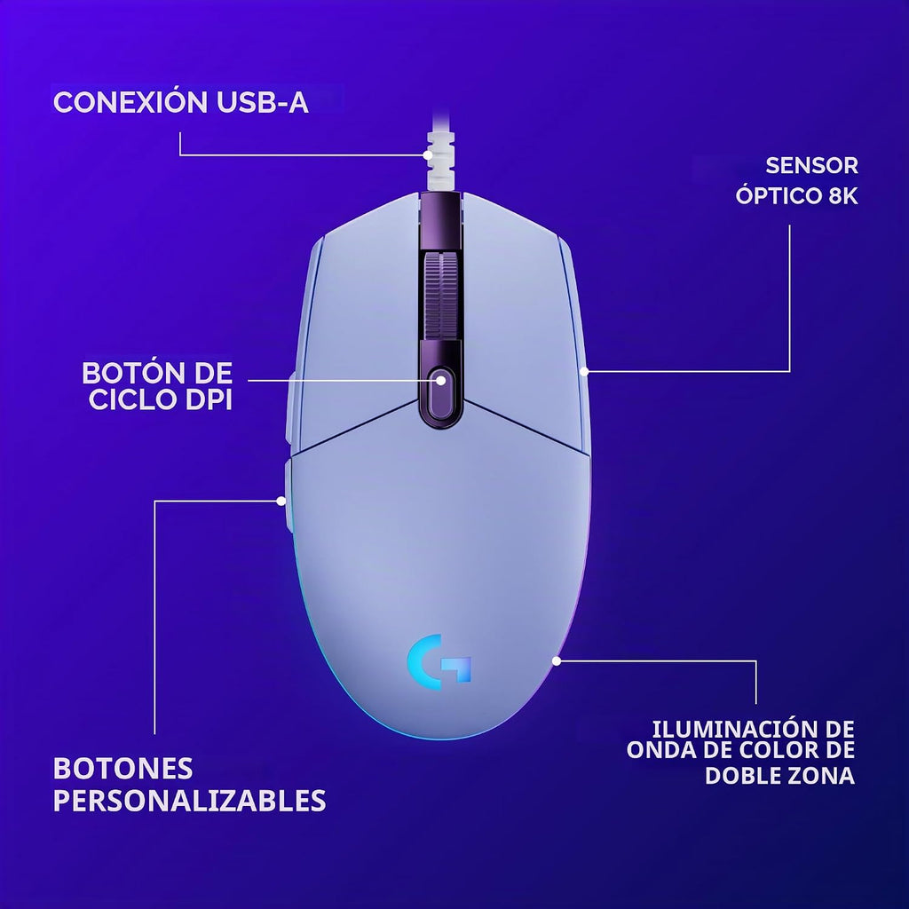 Ratón para juegos con cable Logitech G203 - Lila | LIGHTSYNC RGB, m...
