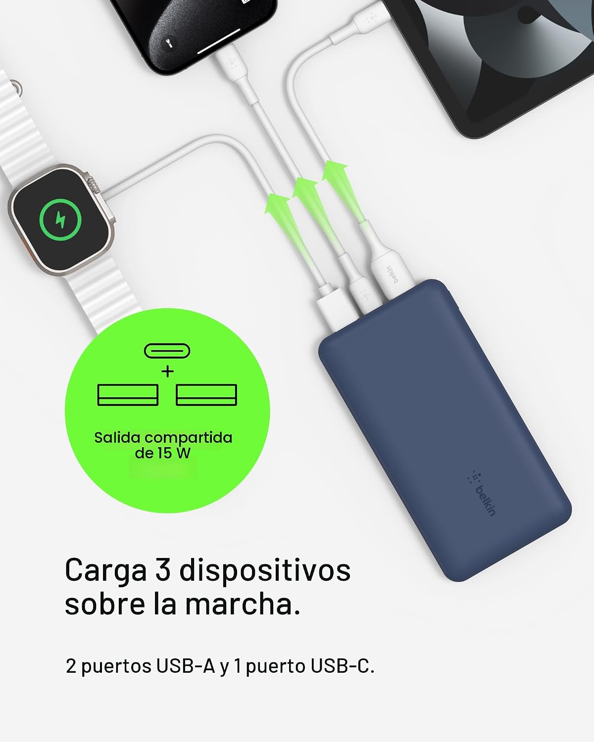 Power Bank Belkin de 10000 mAh, 15 W, 3 puertos, cable USB A a USB...