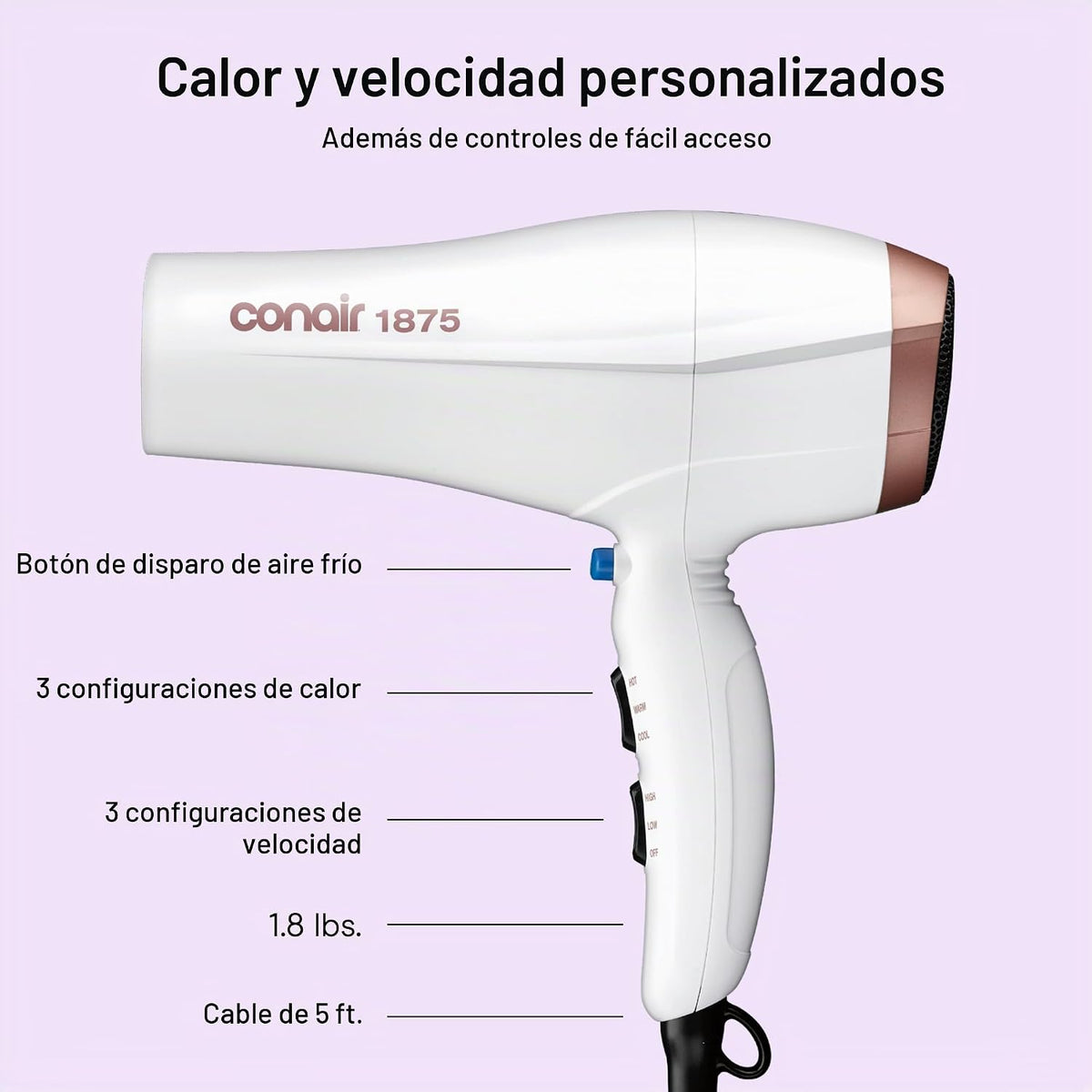 Secador de pelo doble cerámico Conair con difusor y concentrador, 1...