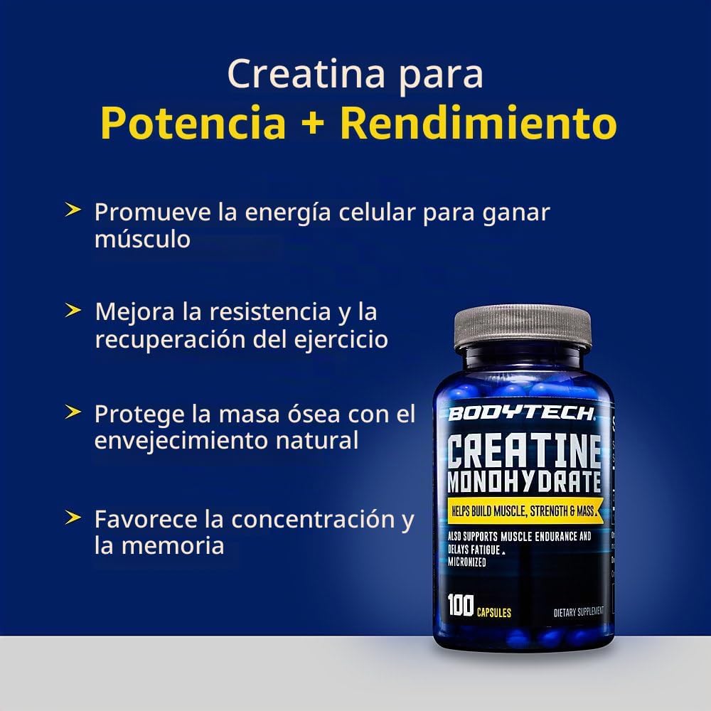 BODYTECH Monohidrato de creatina (100 cápsulas) | Fórmula de creati...
