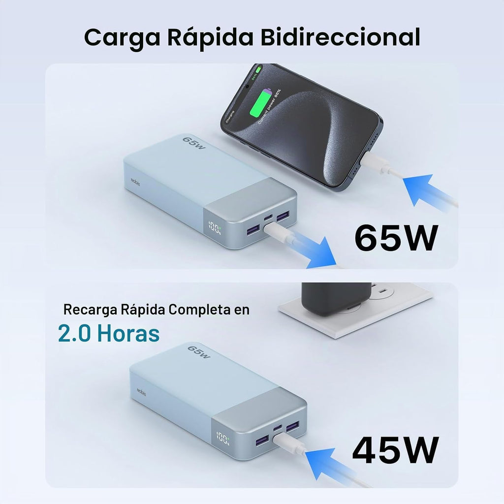 NOBIS Cargador portátil 20000mAh 65W Power Bank Carga rápida | Banc...