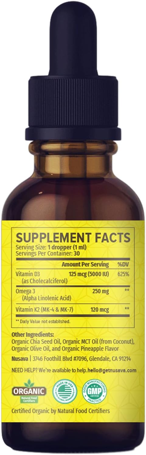 NUSAVA Gotas orgánicas de vitamina D3 K2 con aceite MCT, piña, paqu...