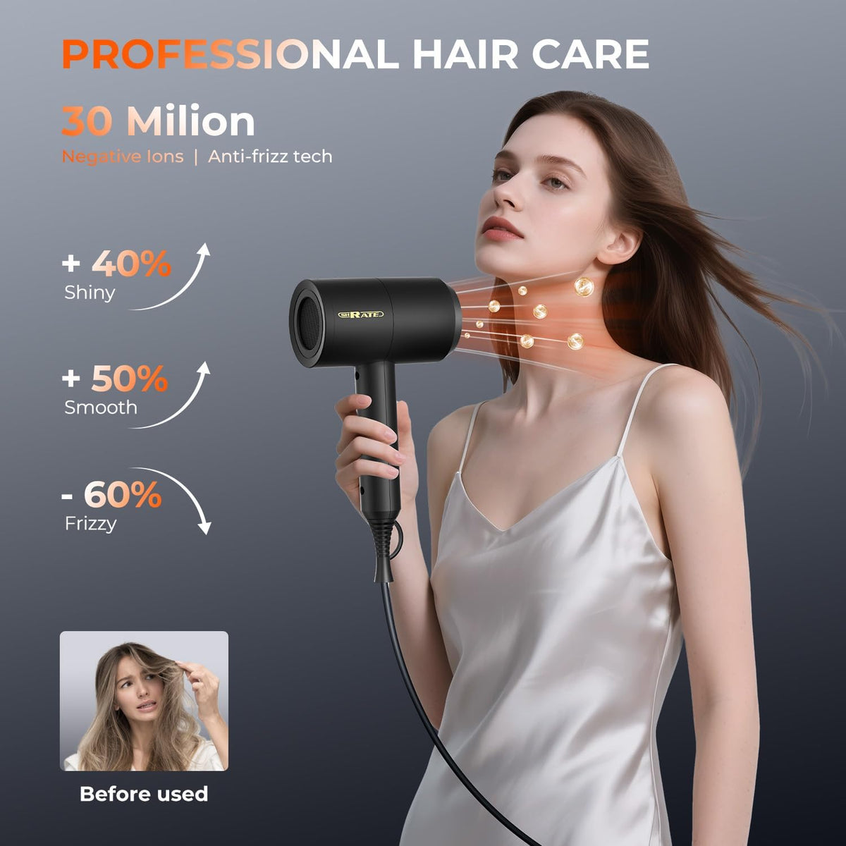 Secador de pelo iónico profesional SHRATE con difusor y boquilla |...