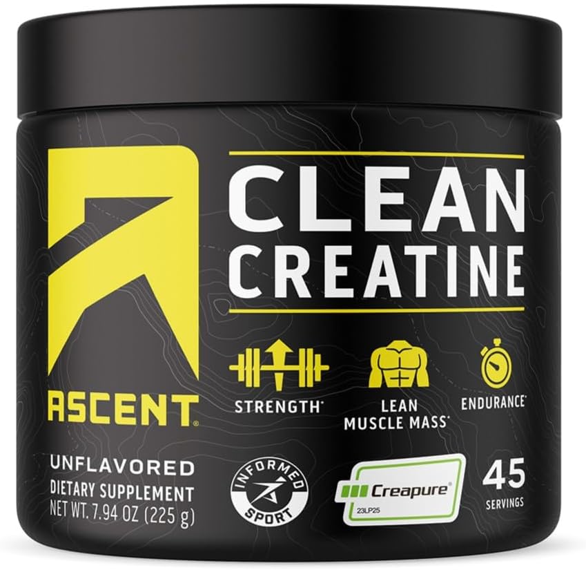 Ascent Monohidrato de creatina limpia, sin sabor, 45 porciones