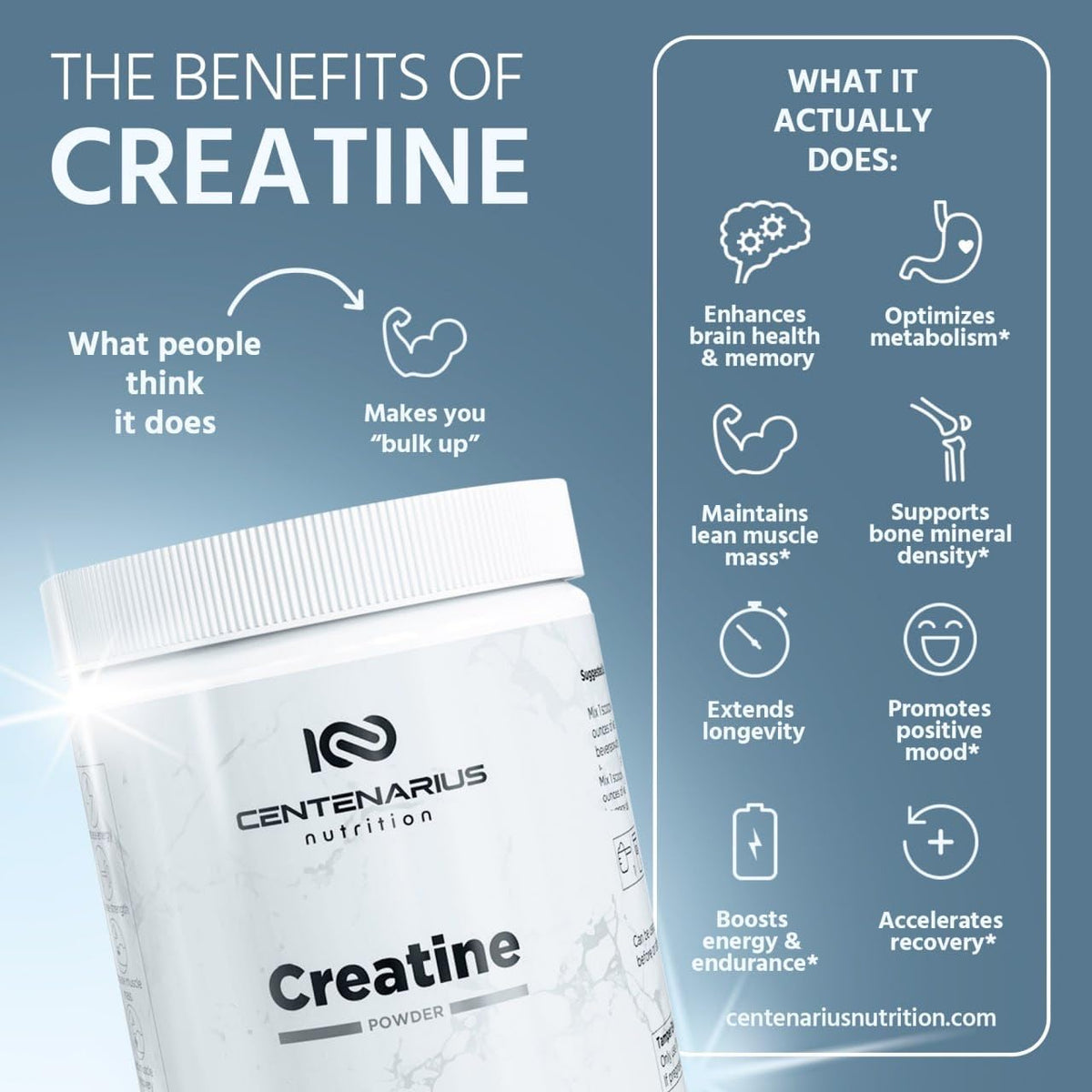 Centenarius Nutrition Monohidrato de creatina en polvo (Creapure®)...