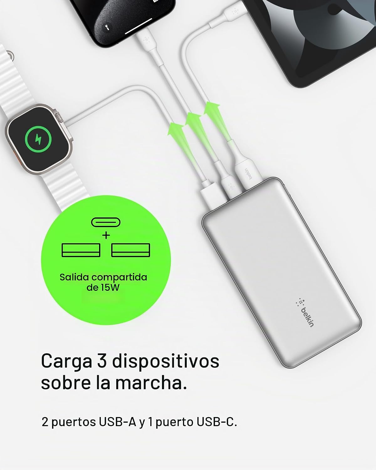 Power Bank Belkin de 10000 mAh, 15 W, 3 puertos, cable USB A a USB...