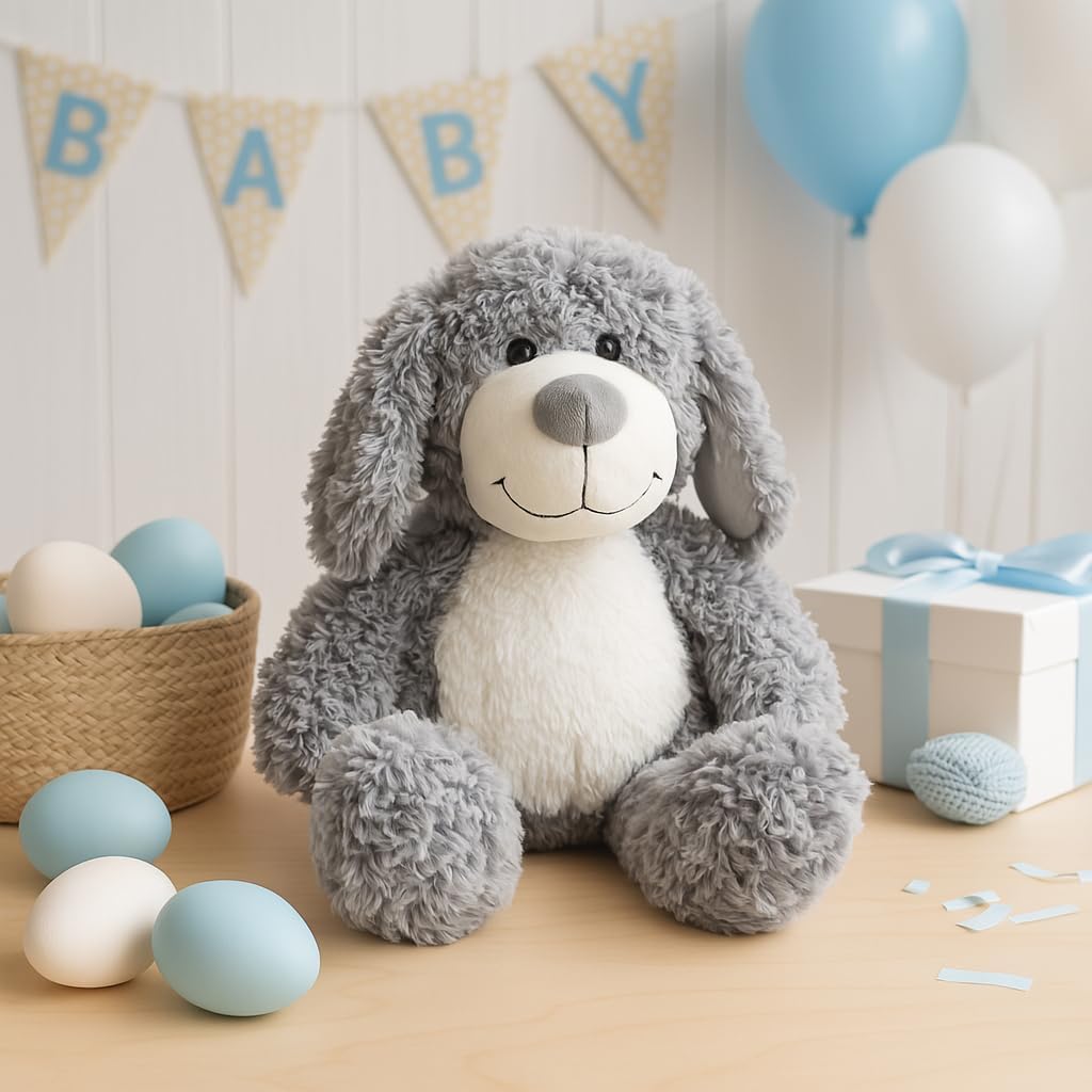WEIGEDU Juguete de peluche de perro cachorro gris sonriente, 17,7 p...