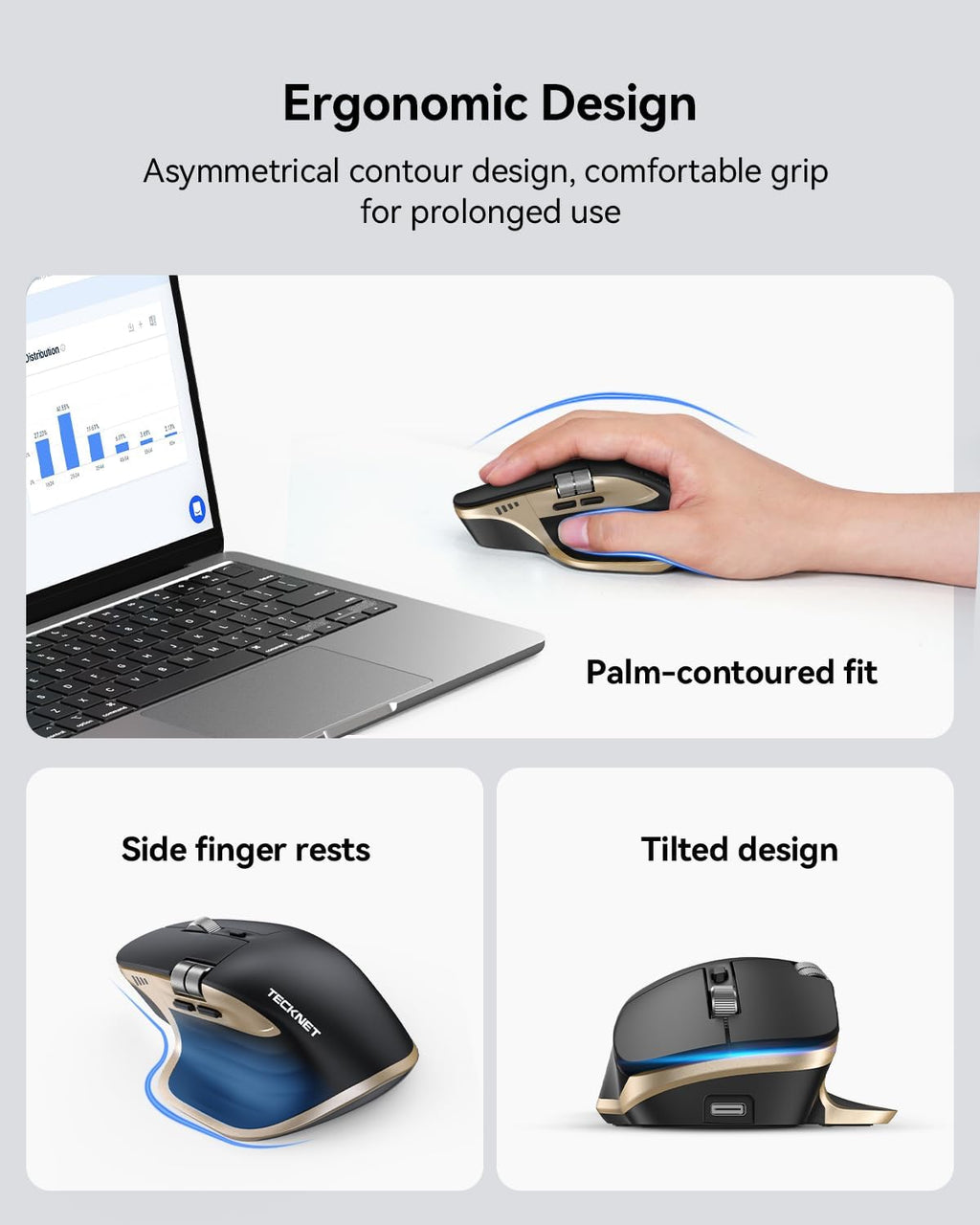 TECKNET Ratón inalámbrico, desplazamiento lateral Bluetooth recarga...
