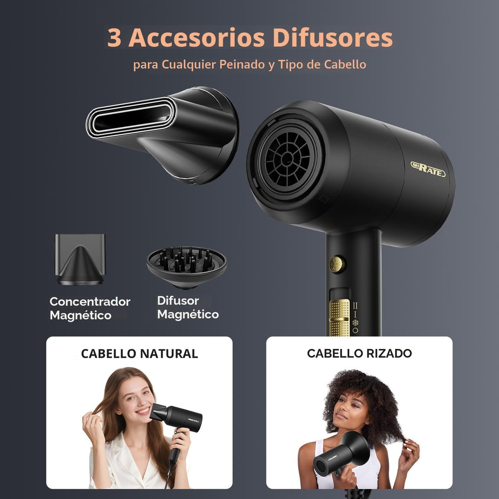 Secador de pelo iónico profesional SHRATE con difusor y boquilla |...
