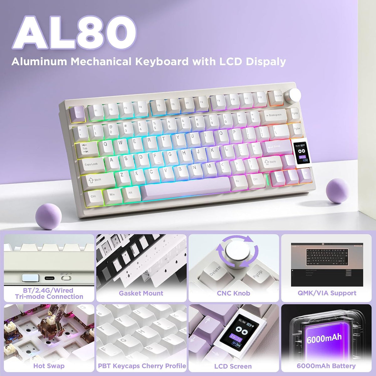 YUNZII AL80 75% Teclado mecánico inalámbrico de aluminio (Beige, Ga...