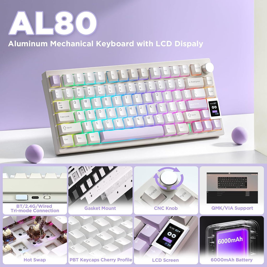 YUNZII AL80 Teclado mecánico inalámbrico, CNC de aluminio completo,...