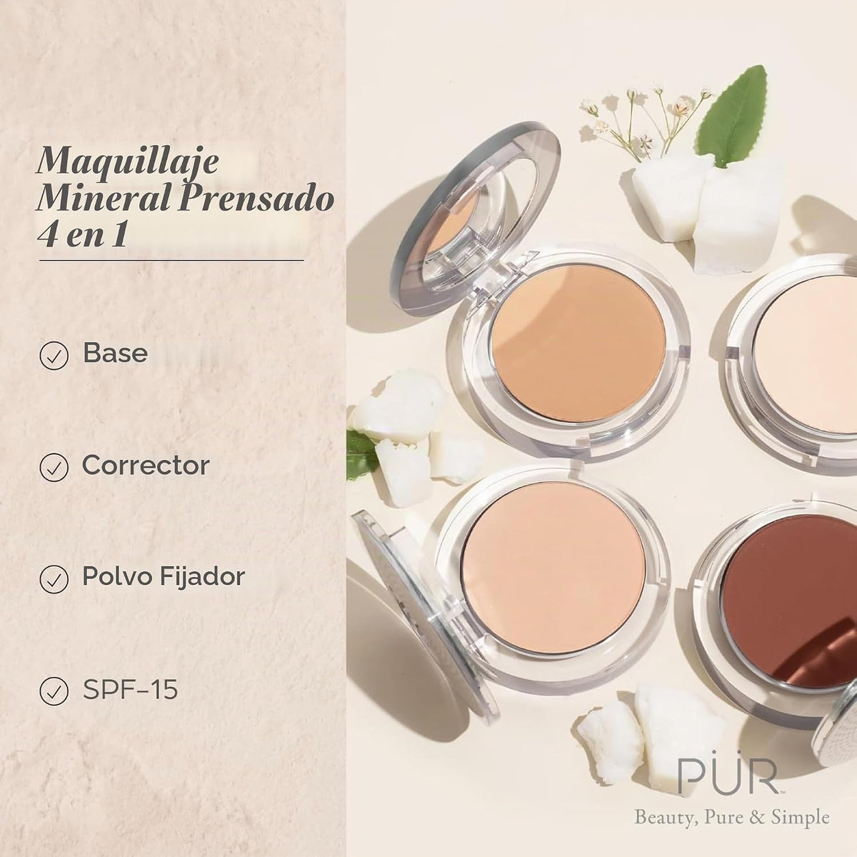 Base de maquillaje mineral prensada 4 en 1 PÜR con SPF 15