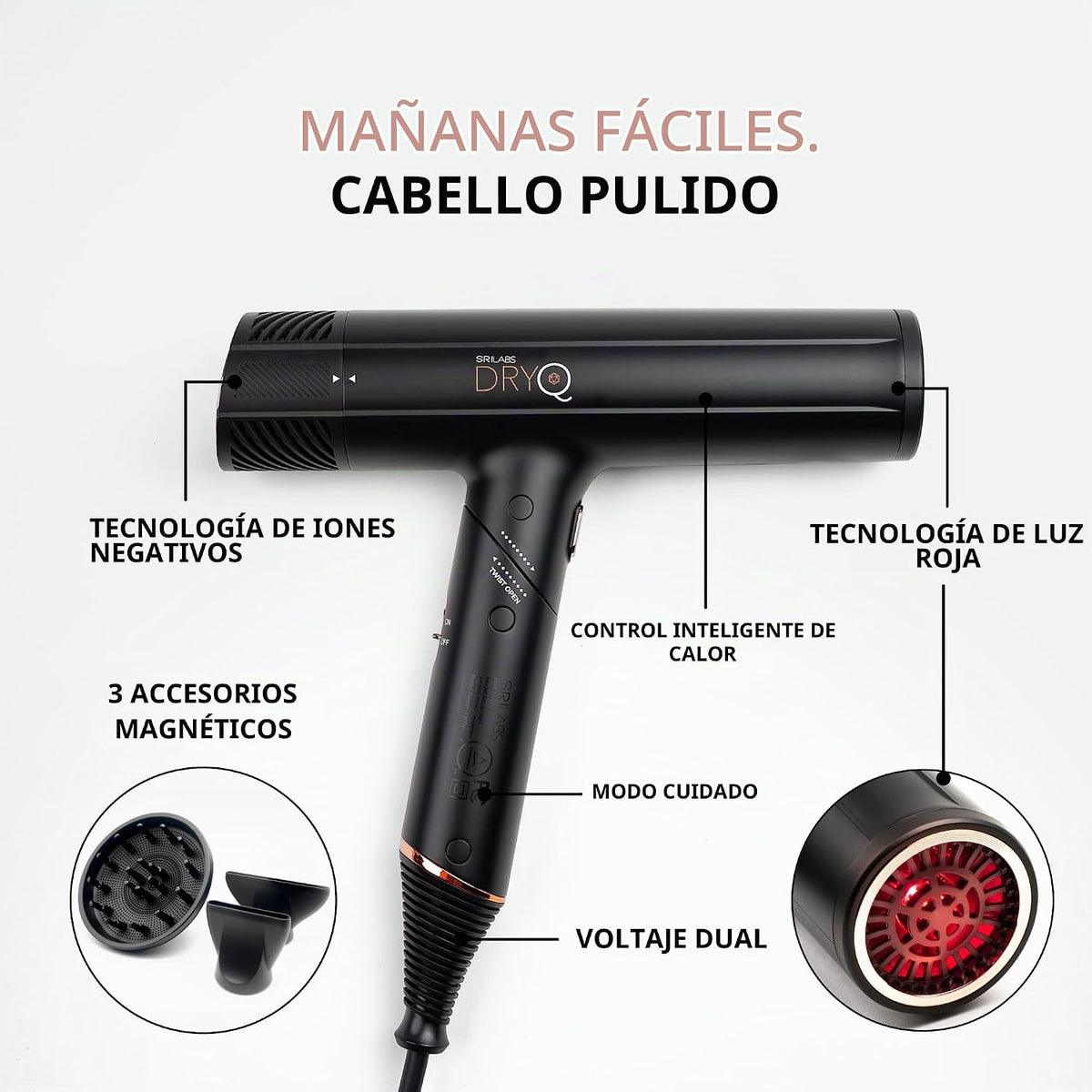 \u2060SRILabs DryQ Secador de cabello por infrarrojos: luz roja, co...