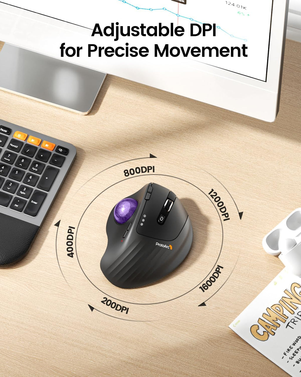ProtoArc EM01 NL Ratón inalámbrico Trackball, control de pulgar, mo...