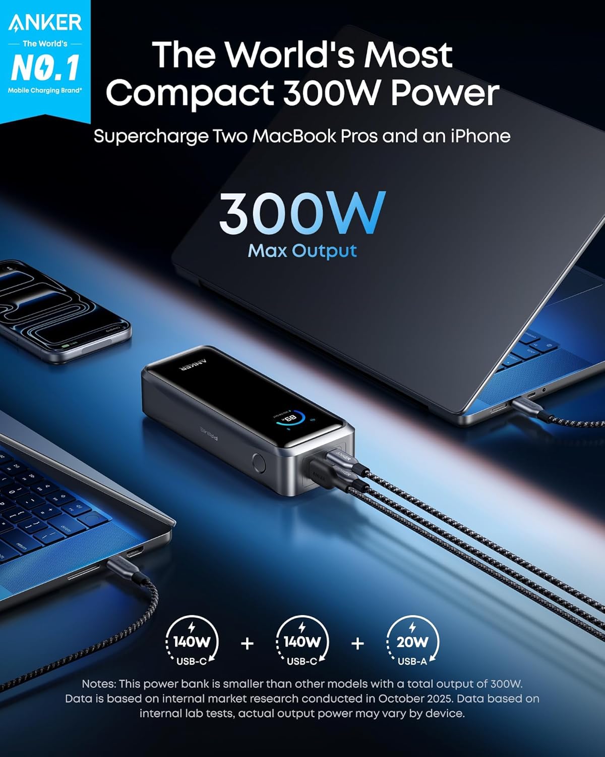 Anker Prime Power Bank, 26,250 mAh 300 W de carga rápida | Cargador...