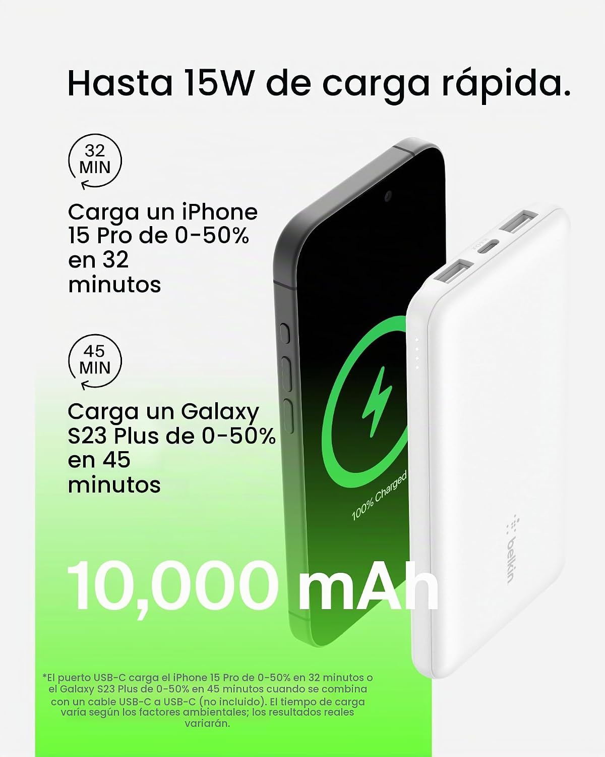 Power Bank Belkin de 10000 mAh, 15 W, 3 puertos, cable USB A a USB...