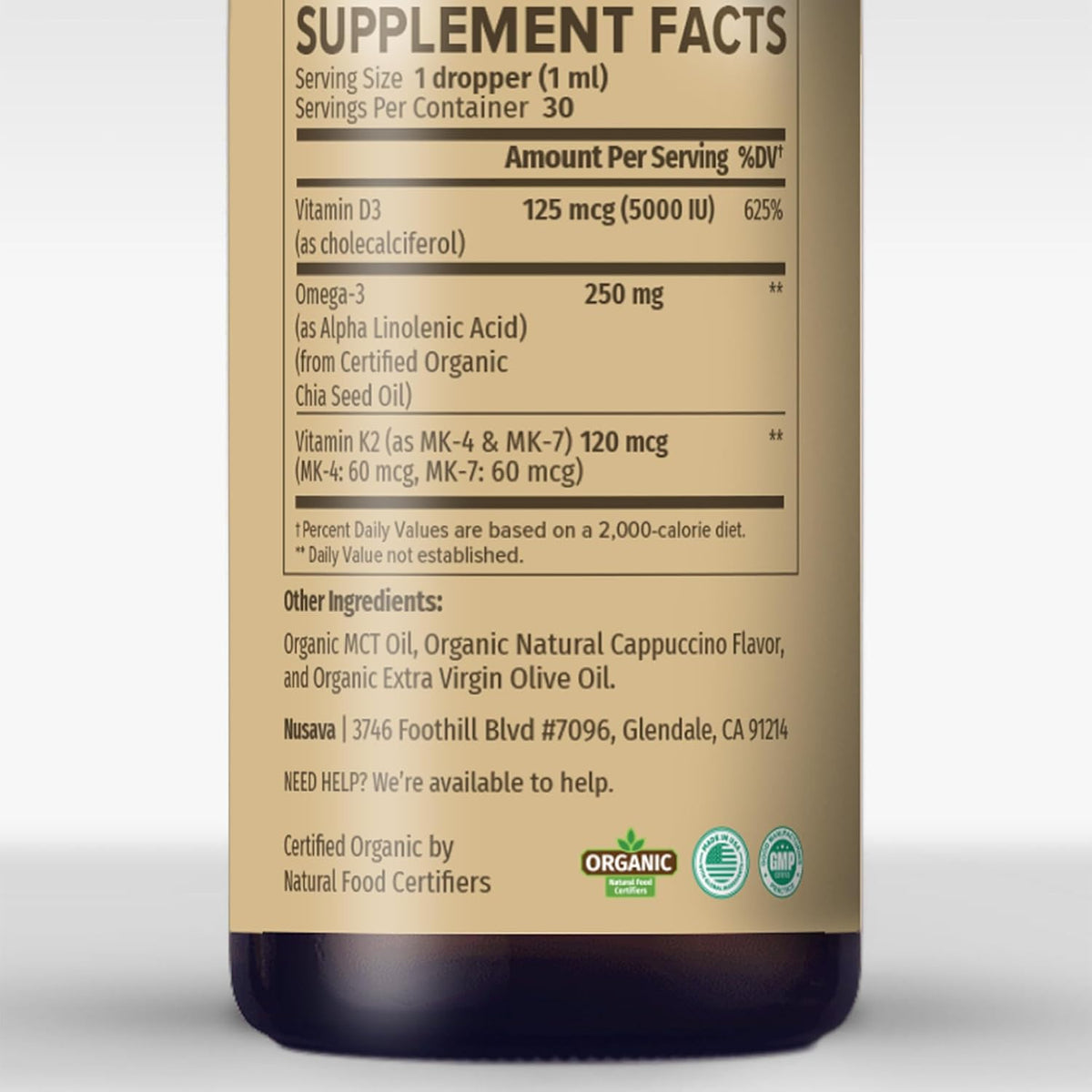 NUSAVA Gotas orgánicas de vitamina D3 K2 con aceite MCT, capuchino,...