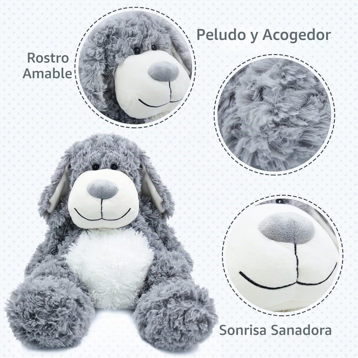 WEIGEDU Juguete de peluche de perro cachorro gris sonriente, 17,7 p...