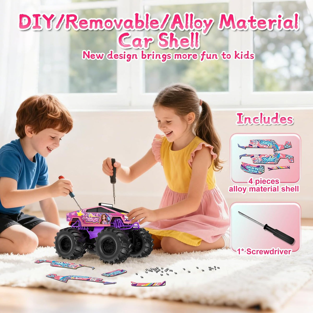 Coche de control remoto anfibio | juguete de camión monstruo rosa 1...
