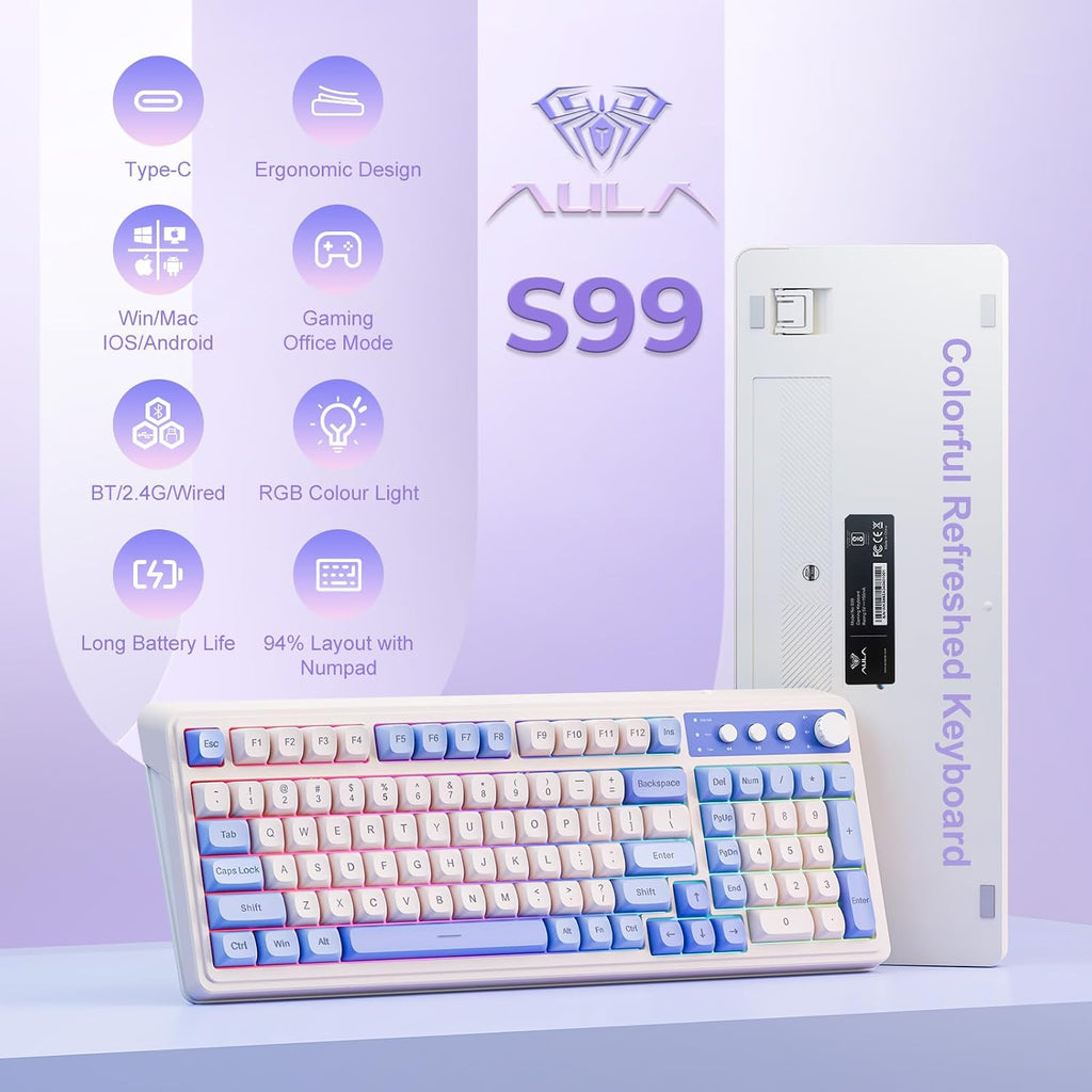 AULA Teclado inalámbrico S99, triple modo Bluetooth\/2.4GHz\/USB-C,...