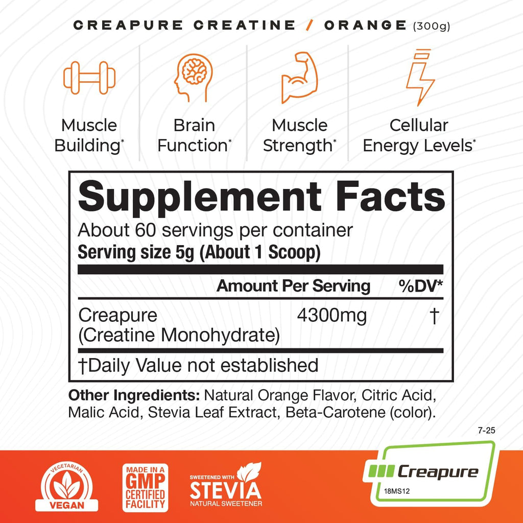 Muscle Feast Creapure Creatina Monohidrato en Polvo, Naranja (300g)...