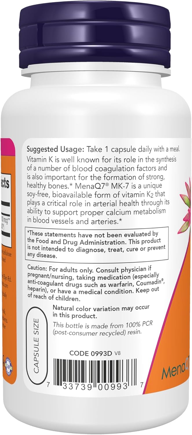 NOW Foods Suplementos, Vitamina K-2 MK-7 100 mcg, Apoyo Cardiovascu...