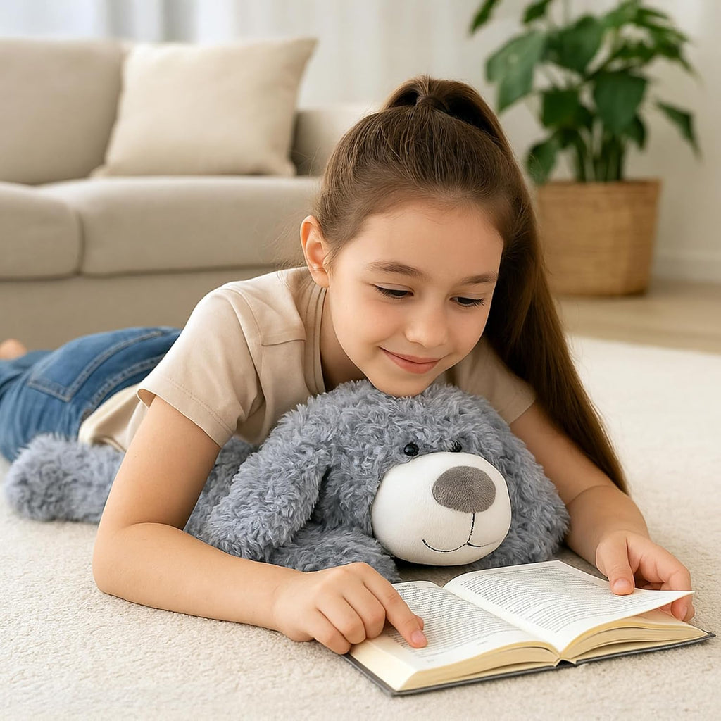 WEIGEDU Juguete de peluche de perro cachorro gris sonriente, 17,7 p...