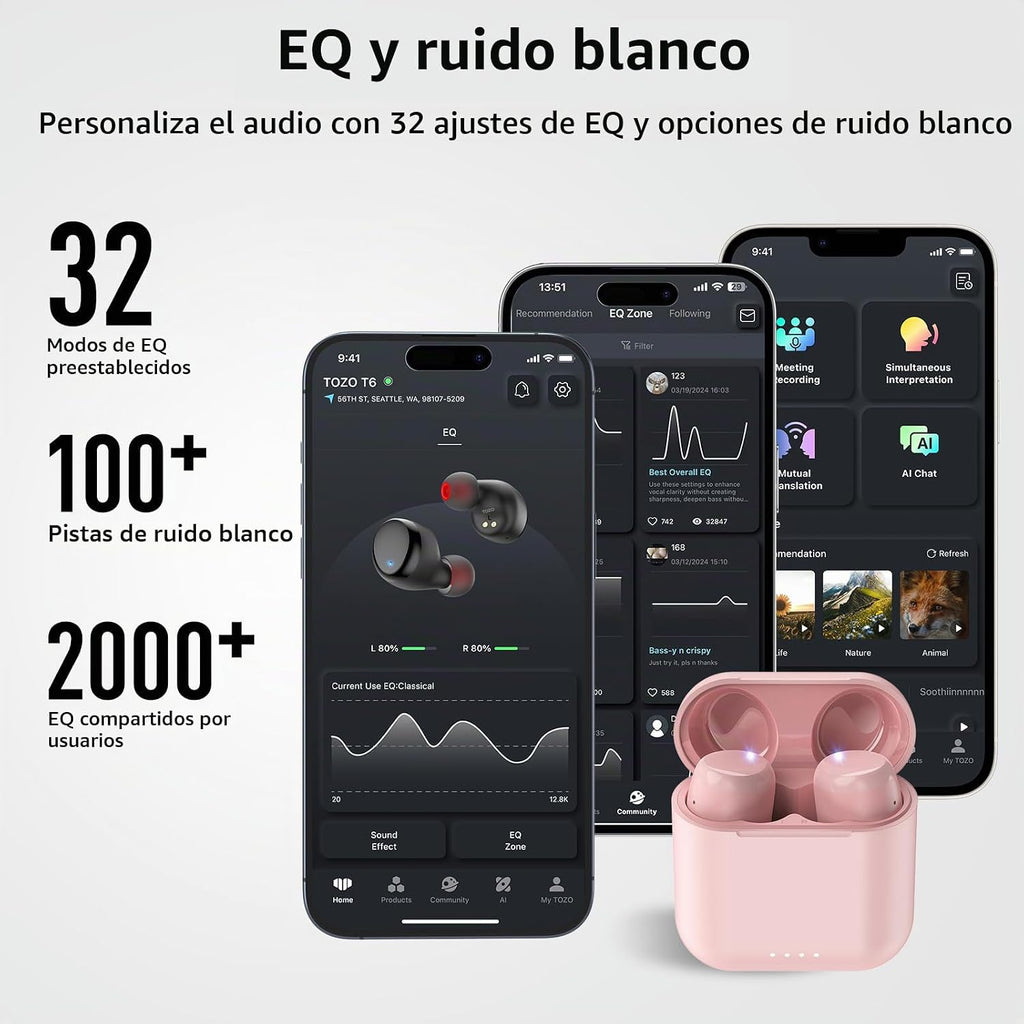 TOZO Auriculares inalámbricos T6 Bluetooth 5.3 con sonido estéreo e...