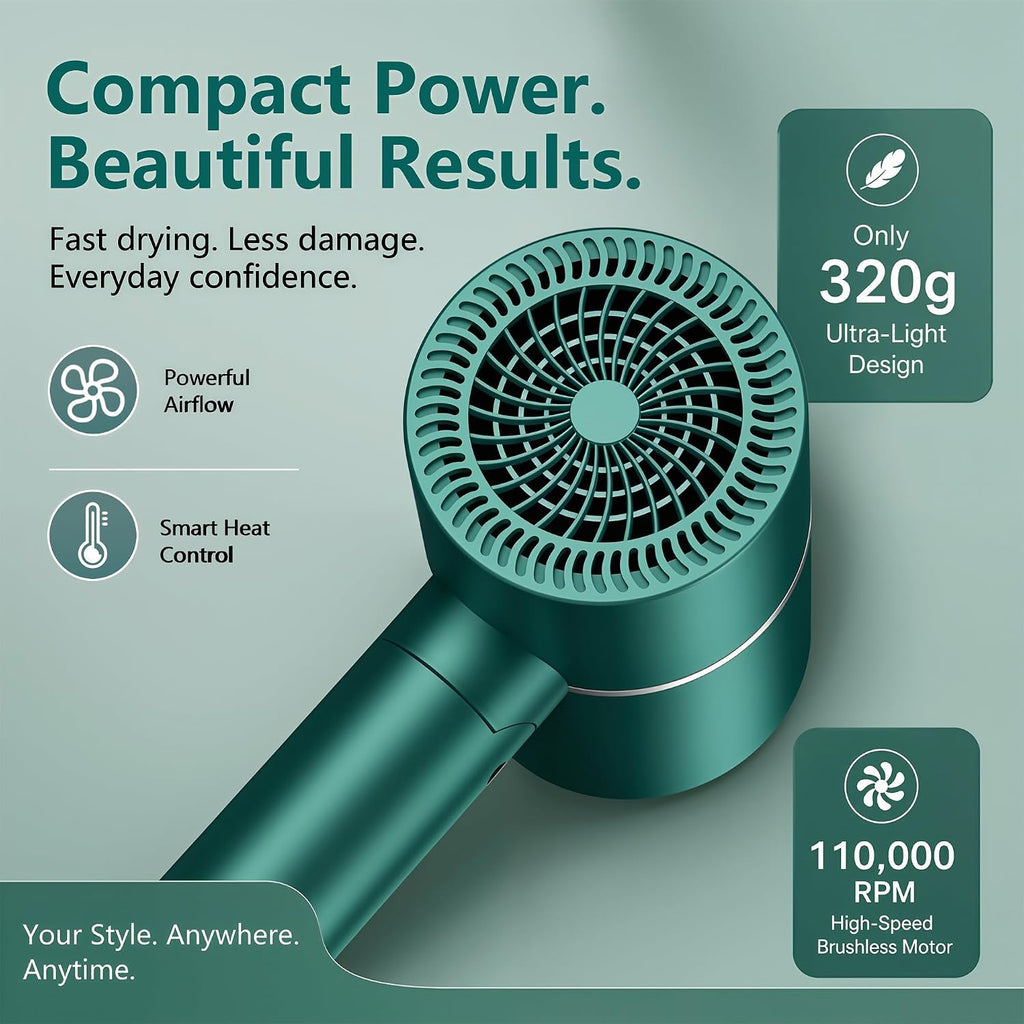 Secador de pelo iónico plegable con difusor, 1875W verde | Motor de...