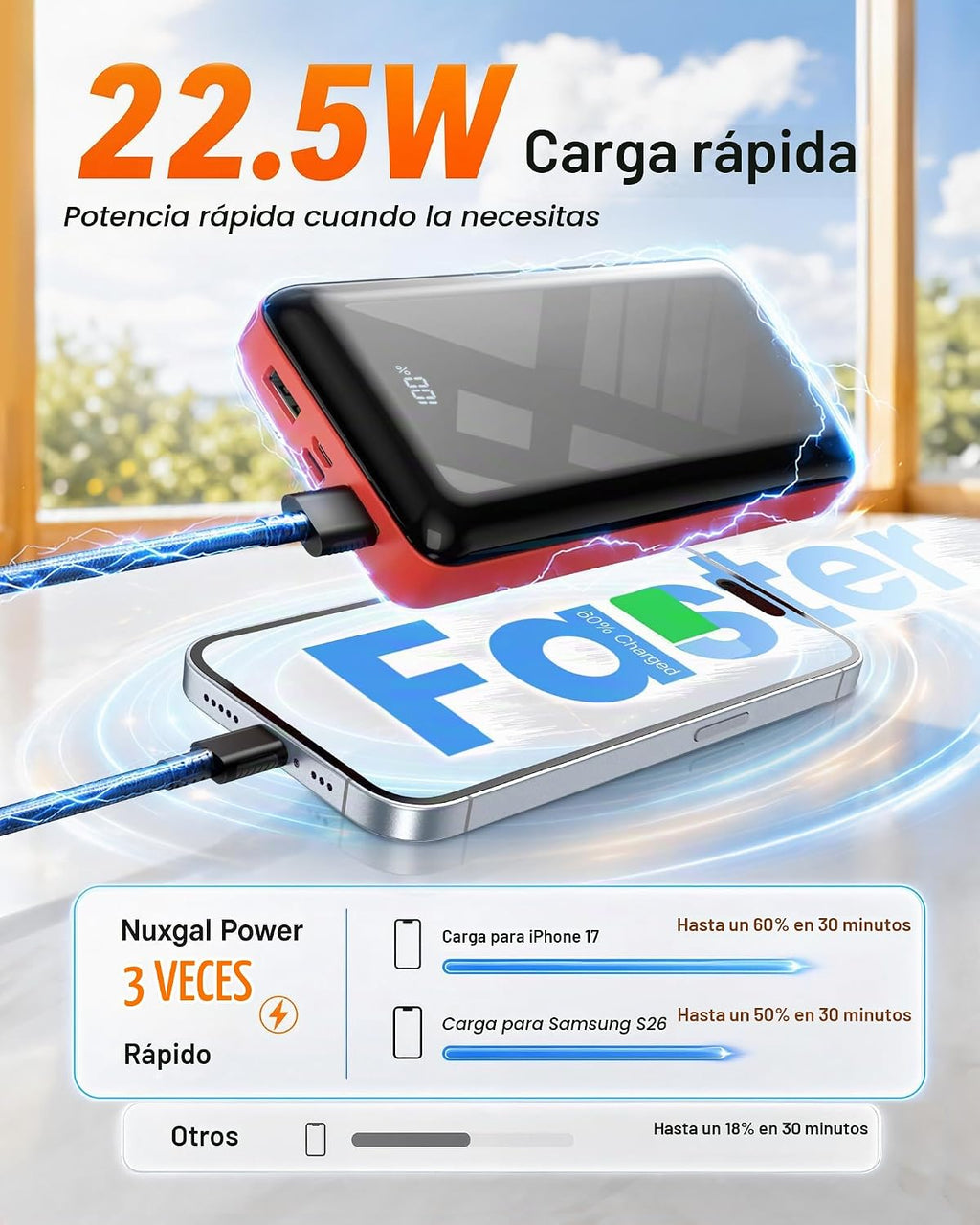 Power Bank 50000mAh Cargador portátil 22.5W Paquete de batería USB...