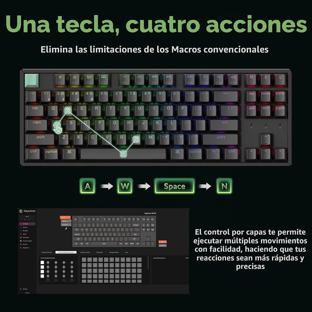 Teclado mecánico personalizado inalámbrico Keychron K8 HE TKL, efec...