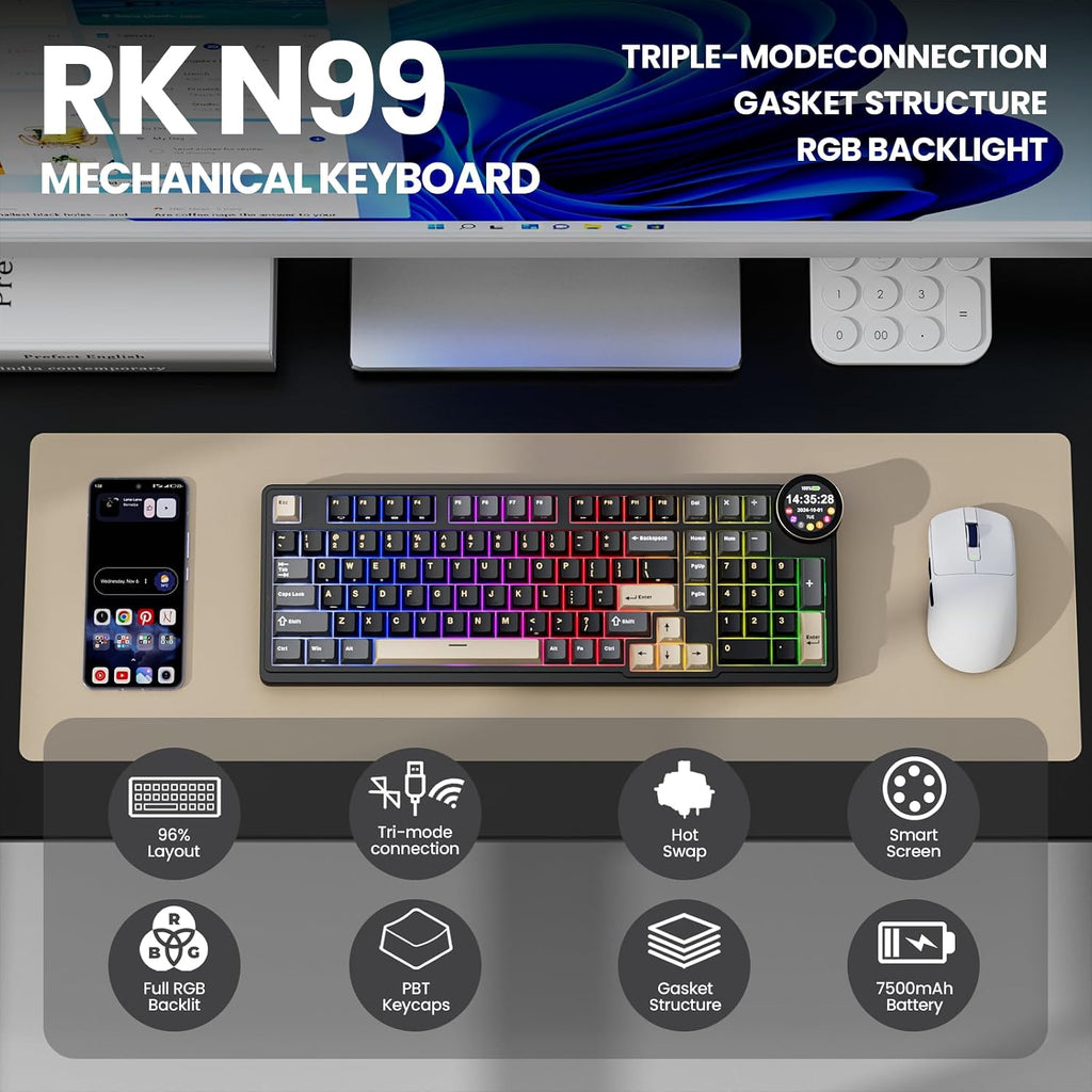 RK ROYAL KLUDGE Teclado mecánico inalámbrico N99, diseño del 96%, c...