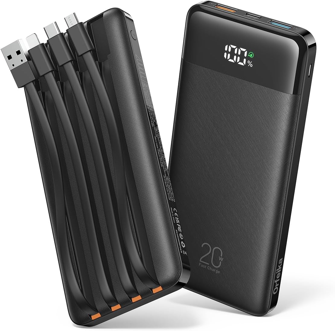 Orfeika 20000mAh Power Bank, cargador portátil con 4 cables incorpo...