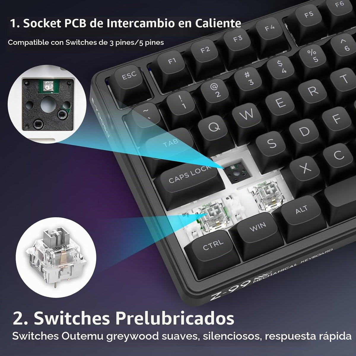 Teclado mecánico con cable HUO JI Z-99, sonido cremoso, retroilumin...