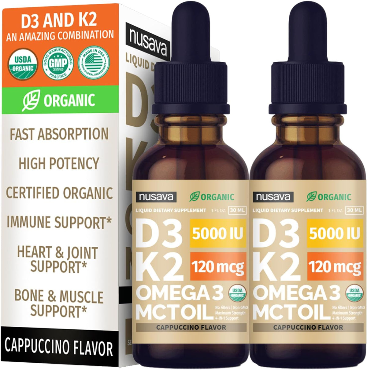 NUSAVA Gotas orgánicas de vitamina D3 K2 con aceite MCT, capuchino,...