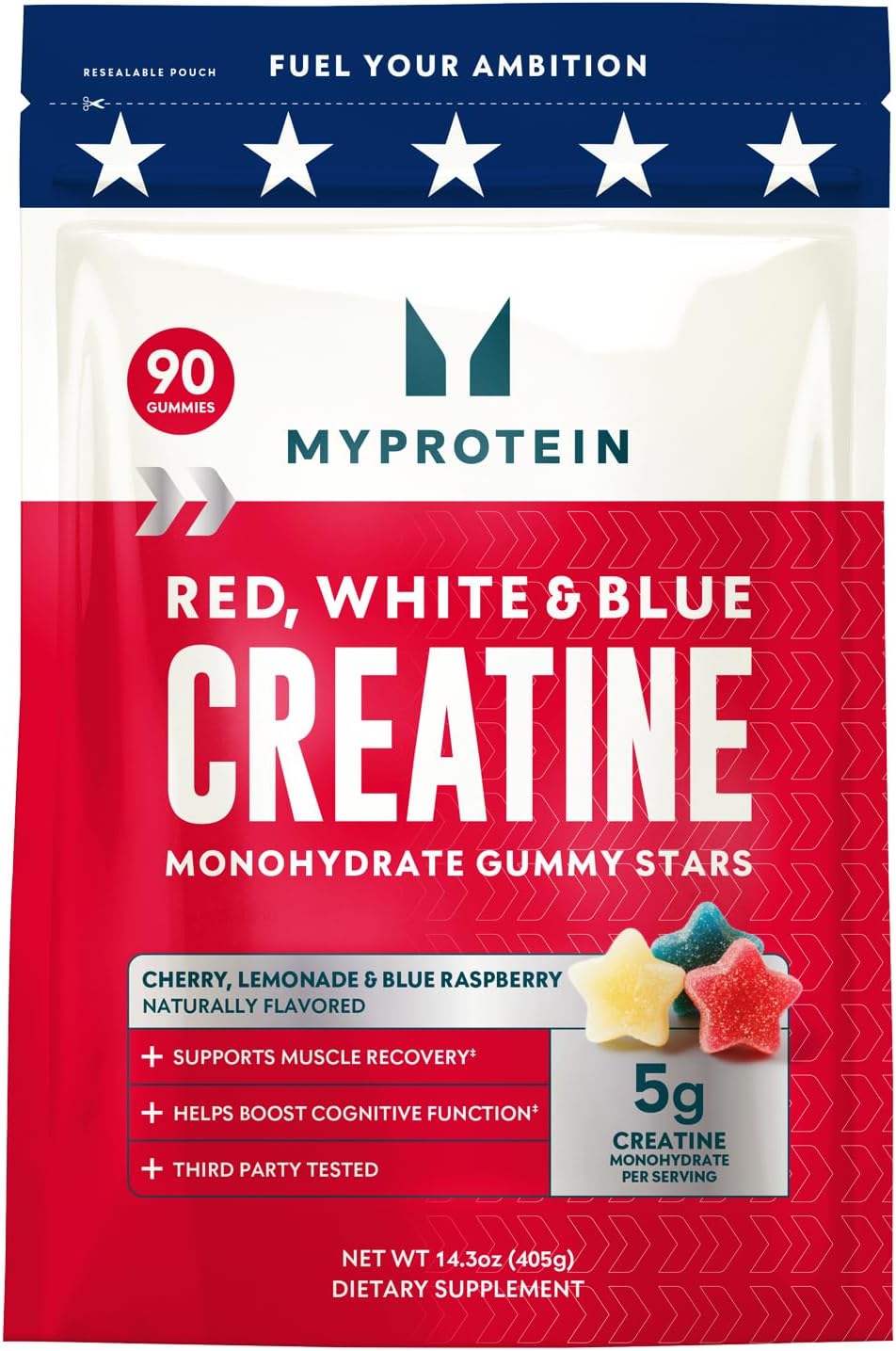 Myprotein Gomitas de creatina, rojas, blancas y azules, 90 unidades...
