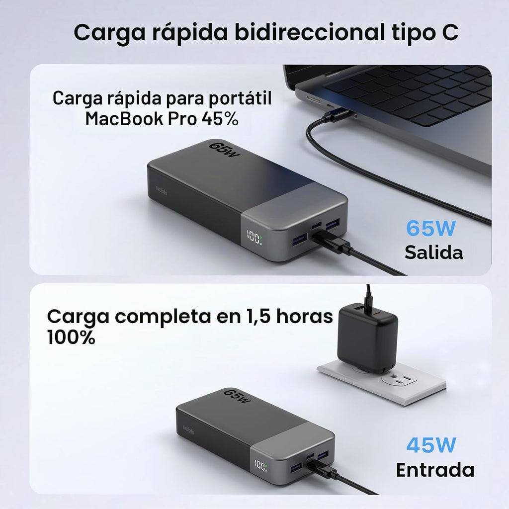 NOBIS Cargador portátil 20000mAh 65W Power Bank Carga rápida | Paqu...