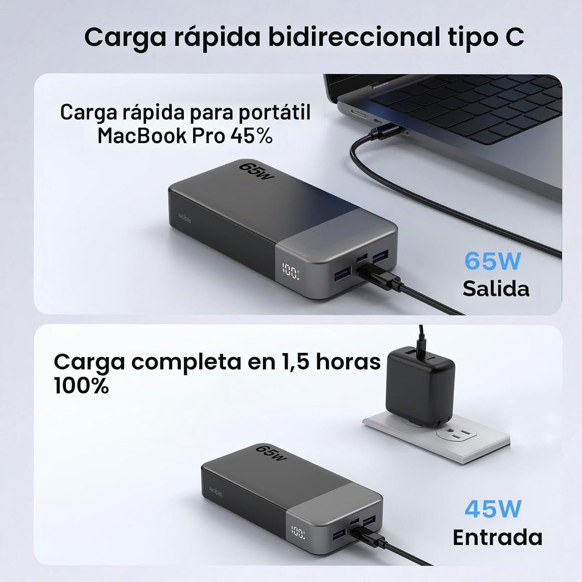 NOBIS Cargador portátil 20000mAh 65W Power Bank Carga rápida | Paqu...