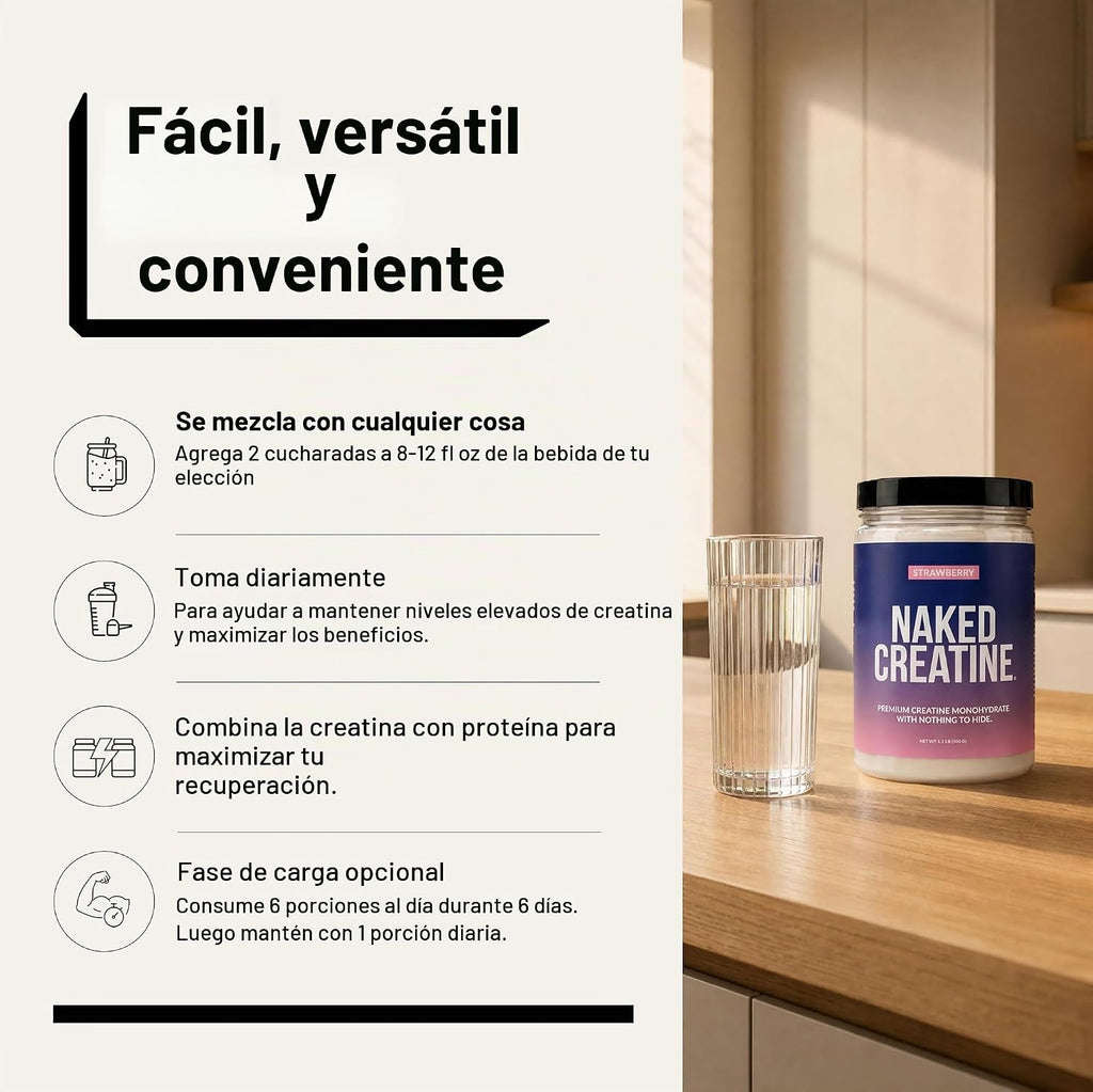 NAKED Creatina - Monohidrato de creatina con sabor a fresa - Polvo...